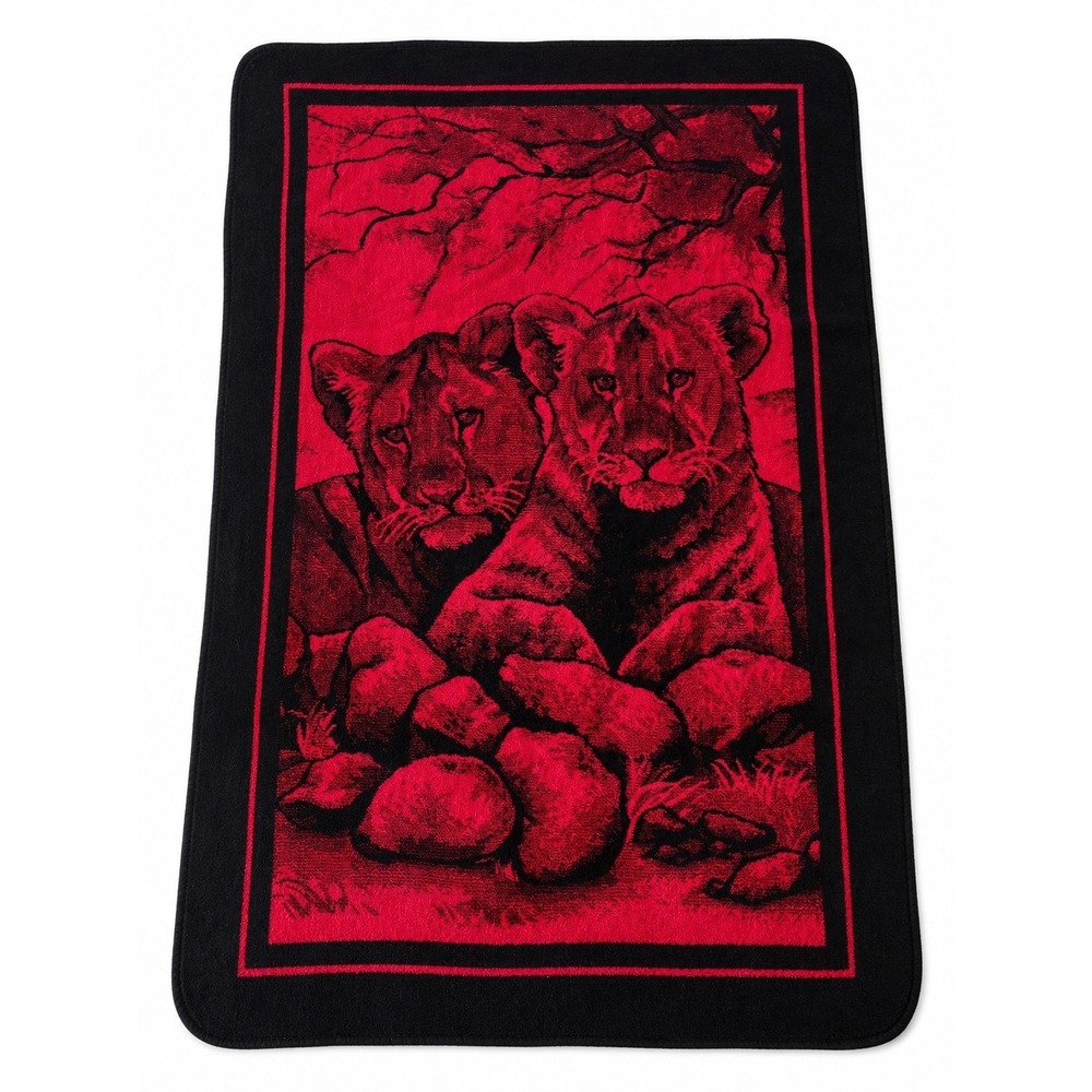 Vintage San Marcos 100℅ Original Blanket Lions Black/Red 51x84 in Cobija Mexican